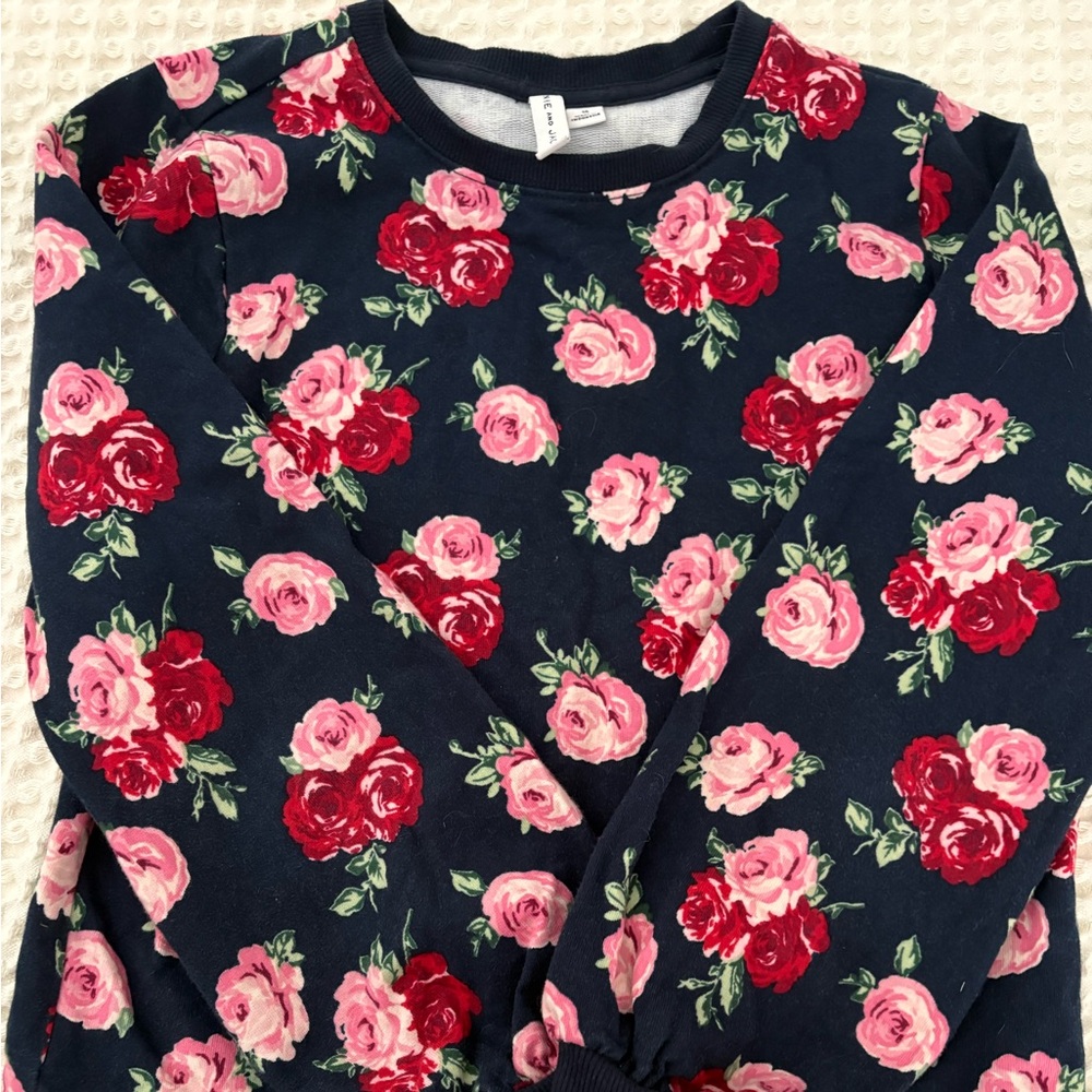 Janie and Jack Navy and Pink Rose French Terry Sweatshirt - Size 10